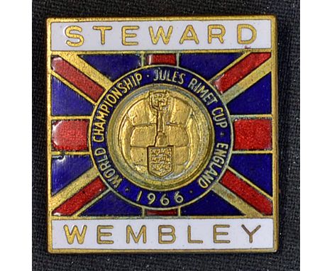 Scarce 1966 World Cup Wembley Stewards Badge depicting inset Jules Rimet Trophy, a square, enamel badge with pin intact to th