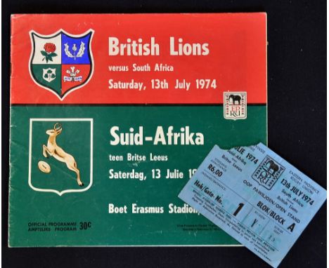 Scarce 1974 British Lions vs South Africa rugby programme and ticket -3rd test match played Though it Erasmus Stadium Port El