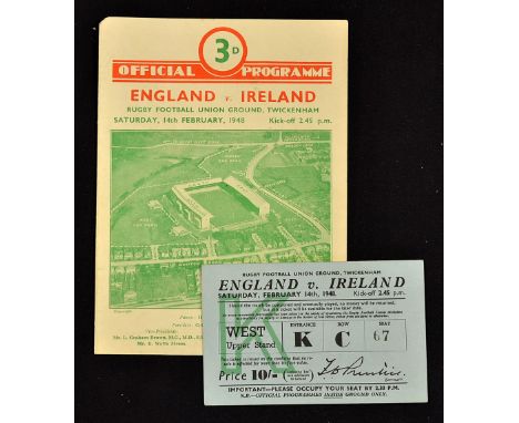 1948 England v Ireland rugby programme and ticket - played at Twickenham on Saturday 14th February, some slight pocket folds 