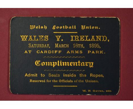 Rare 1895 Wales v Ireland rugby ticket - gilt embossed "Complimentary" card for the match played at Cardiff Arms Park on Satu