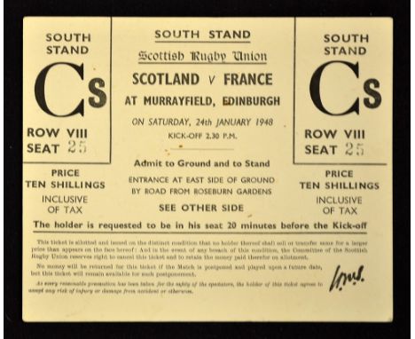 1948 Scotland v France (runners-up) rugby ticket played at Murrayfield on Saturday 24th January-South Stand complete with pla