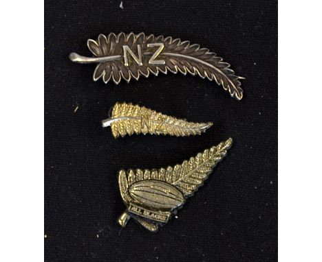 3x New Zealand All Black rugby lapel badges - three different white metal "Silver Fern" badges, two embossed NZ, one lacking 