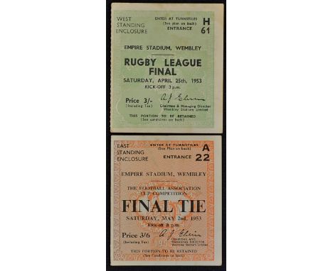 Match Ticket Stubs for 1953 FA Cup Final together with 1953 Rugby League Final, both held at Wembley, in F/G condition (2)
