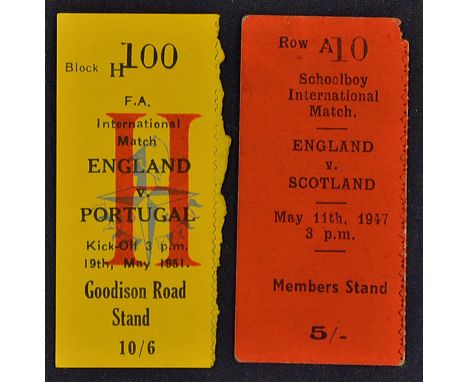 1951 England v Portugal FOB Football Match Ticket Stub dated 19 May 1951 and 1947 England v Scotland schoolboy international 