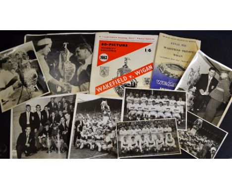 Collection of 1960/63 Wakefield Trinity Rugby League Cup Final press photographs and programme and brochure -  to incl The Qu