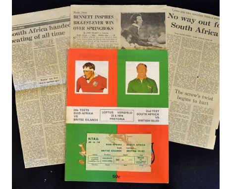 Scarce 1974 British Lions vs South Africa rugby programme and ticket - 2nd test match played at Loftus Versfeld Pretoria on 2