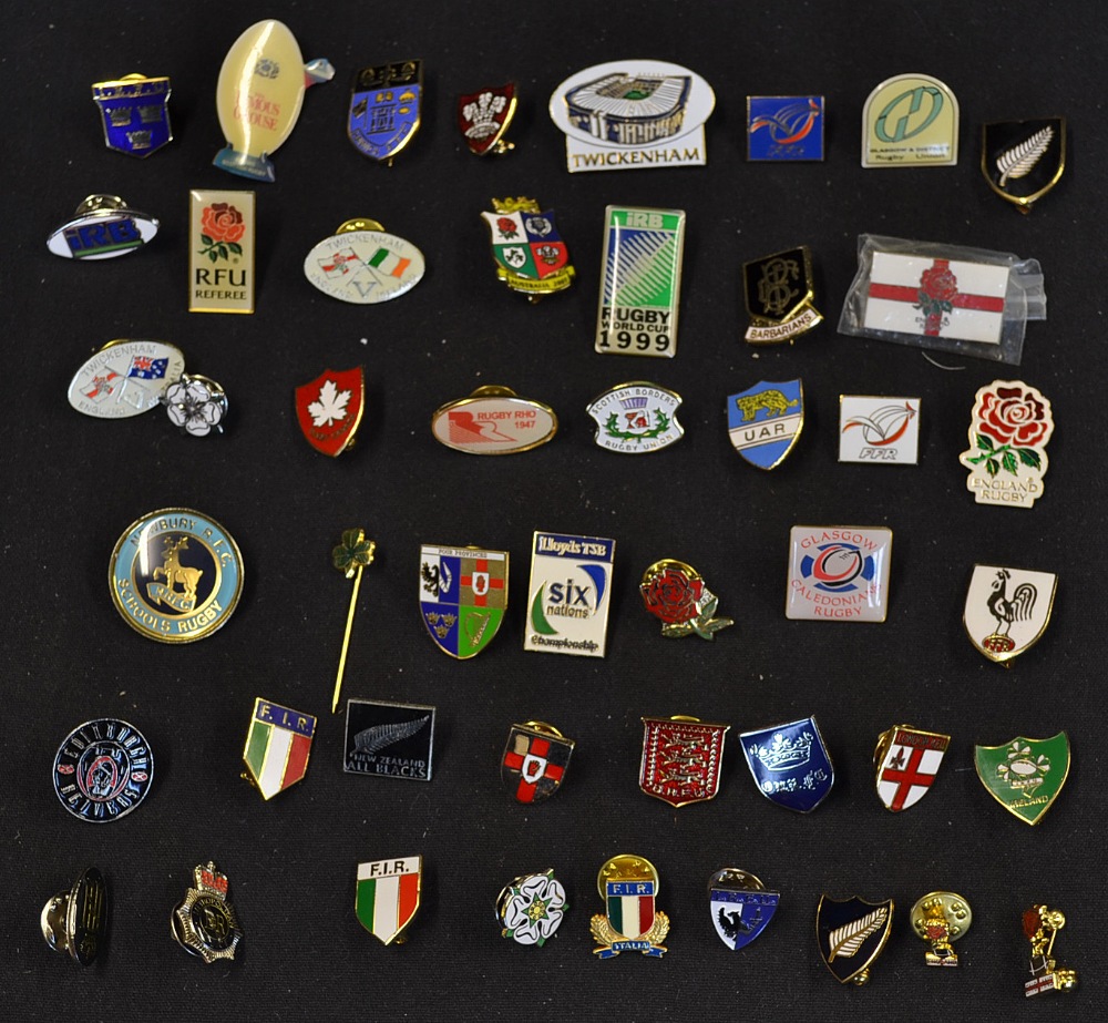 Collection of 47 various international rugby club pin and lapel badges ...