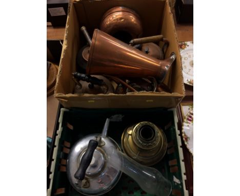 Two boxes of metalware, an oil lamp etc.