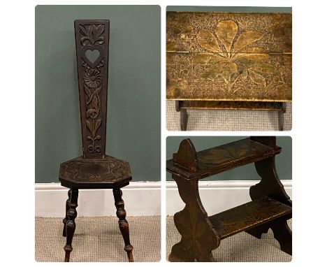 CARVED SPINNING CHAIR & A SET OF POKER-WORK METAMORPHIC LIBRARY STEPSProvenance: private collection Denbighshire