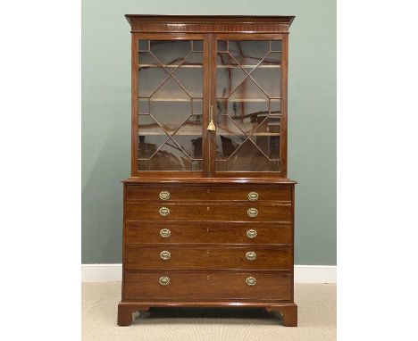 GOOD MAHOGANY SECRETAIRE BOOKCASE early 20th Century, with astragal glazed upper doors, drop down desk centre, three lower dr