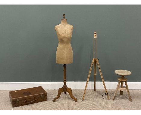 VARIOUS FURNISHING ITEMS including vintage dressmaker's mannequin, oak tripod base, labelled 'Sage London', 166cms (h), along