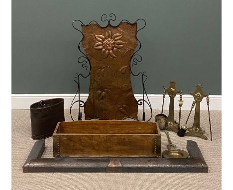 FIRESIDE ITEMS including Arts & Crafts firescreen with iron frame and beaten copper body, 112 (h) x 78 (w) x 32cms (d), pair 