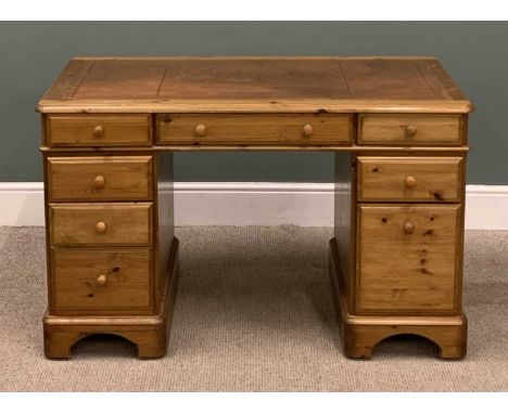 DUCAL PINE TWIN PEDESTAL DESK with tooled writing top, 76 (h) x 123 (w) x 63cms (d)Provenance: deceased estate Conwy 