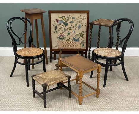 VINTAGE & ANTIQUE FURNITURE to include games table/fire screen, planter stands, bobbin and rush seated stools, bentwood type 