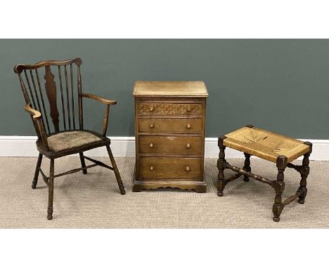 THREE ITEMS OF SMALL FURNITURE to include narrow oak four drawer chest, 70 (h) x 50 (w) x 33cms (d), string topped stool, mou