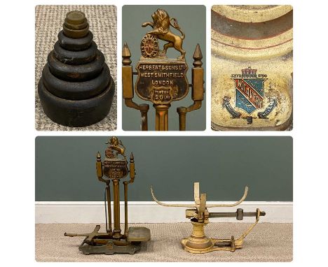 VARIOUS METALWARE FURNISHINGS including vintage scales by Herbert & Sons Ltd., West Smithfield London, 68cms (h), other vinta