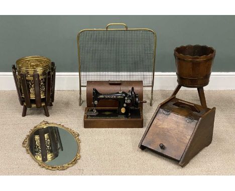 FURNITURE ASSORTMENT to include oak brass banded pail on a stand, lift top coal box, brass fire screen, etc. (6)Provenance: p