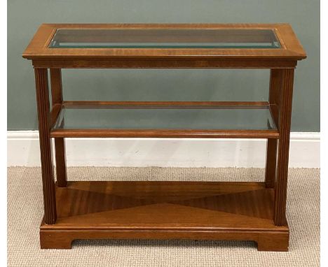 MAHOGANY THREE SHELF BOOKCASE with cross banding, two glass shelved inserts, 74 (h) x 90 (w) x 34cms (d)Provenance: deceased 