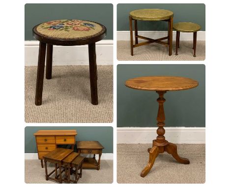 ASSORTED SMALL FURNITURE to include oak nest of tables, single drawer side table, brass Benares type tables, tapestry top sto