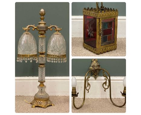 GOOD VINTAGE LIGHTING including square based brass and leaded glass hanging lantern and an elaborate twin-shade pendant table