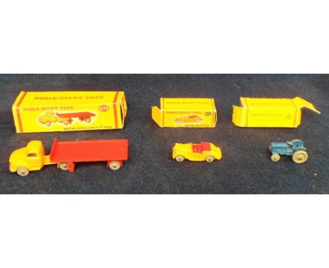 Dublo Dinky Toys, 072 Bedford Articulated Flat Truck, 062 Singer Roadster, 069 Massey-Harris Tractor, in original boxes, (goo