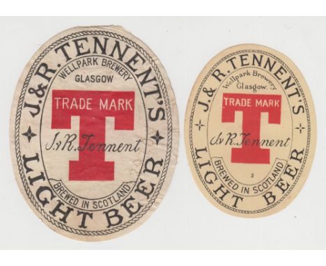 Beer labels, J & R Tennent's, Glasgow, Light Beer, two different size v.o's, larger is approx. 113mm high (paper stuck to bac