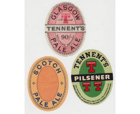 Beer labels, J & R Tennent's, Glasgow, Light Beer, Scotch Pale Ale, 90/- Pale Ale & Pilsener, approx. 92mm high, v.o's , (gen