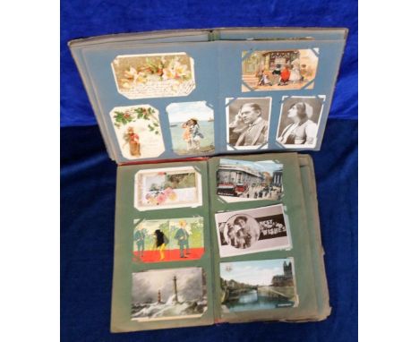 Postcards, original family collection of postcards in 2 vintage albums approx. 220 cards in total inc. topographical, (mainly
