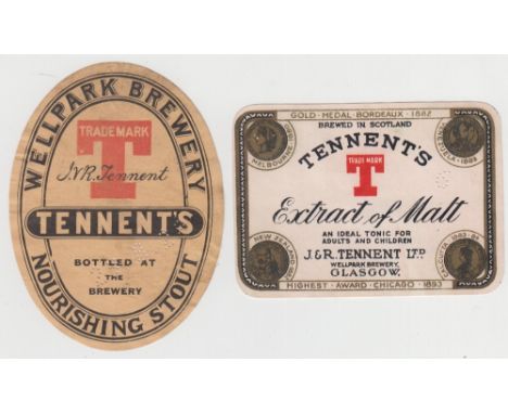 Beer labels, J & R Tennent Ltd, Wellpark Brewery, Glasgow, Nourishing Stout, v.o, 91mm high and Extract of Malt, horizontal r