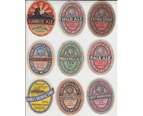 Beer labels, John Groves & Sons Ltd, Weymouth, a mixed selection of 9 v.o's including Extra Stout, Light Dinner Ale, Sunrise 