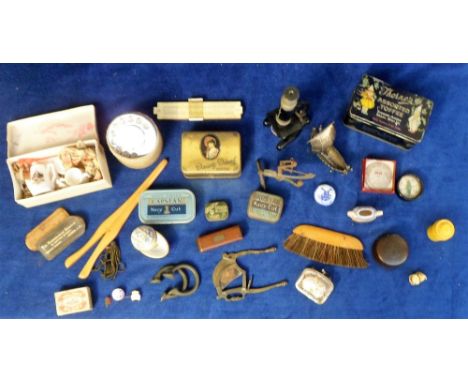 Collectables, mixed selection of vintage items inc. microscope, glove stretchers, slide rule, compass, cigar cutter, 3 enamel