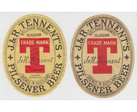 Beer labels, J & R Tennent's, Wellpark Brewery, Glasgow, Pilsener Beer, 2 different v.o's, 112mm high (gen gd) 