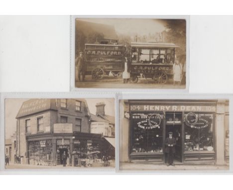 Postcards, Battersea, 3 RP's, G. R. Pulford Coffee & Refreshment Wagon with staff to front sold with 2 shopfronts, Henry R De