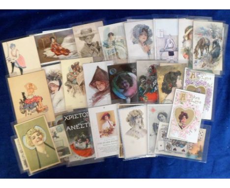 Postcards, glamour selection, inc. artist signed, girls heads, greetings, romance, playing cards, USA etc. (mainly gd) (29)