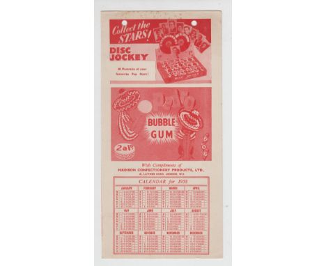 Trade issue, Madison, shop advert  card for Disc Jockey portrait cards, illustrated & with calendar for 1958 (very slight fox