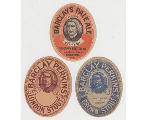 Beer labels, Barclay Perkins & Co Ltd, Southwark SE, 3 vintage Dr Johnson labels, London Stout, Brown Ale & Pale Ale bottled 