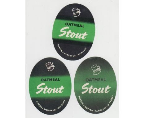 Beer labels, Tomson & Wotton, Ramsgate in Thanet, Oatmeal Stout, 3 different v.o's, matt, gloss, and vintage one with shaped 