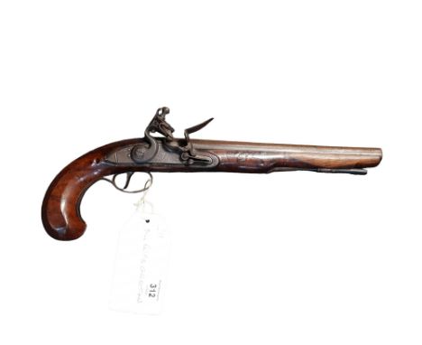 FLINTLOCK HOLSTER PISTOL BY PARR.  SIGHTED AND PROOFED BARREL OF 0.585 BORE.  ENGRAVED BARREL TANG.  ROLLER FRIZZEN.  STEPPED