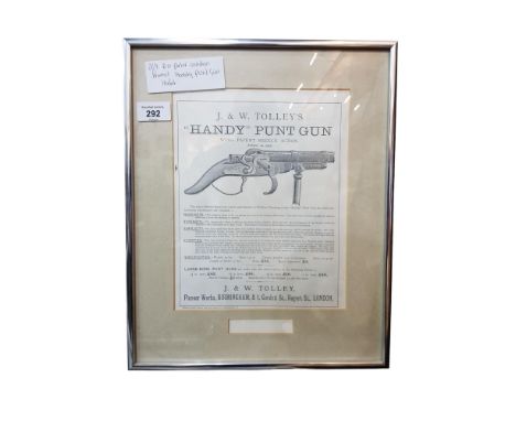 FRAMED J &amp; W TOLLEY 'HANDY' PUNT GUN LEAFLET 