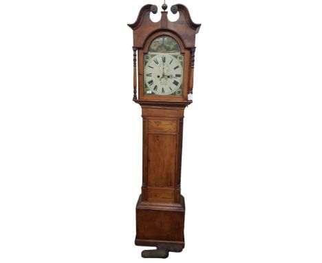 ANTIQUE LONG CASE CLOCK WITH PAINTED DIAL WITH WEIGHTS &amp; PENDULUM 
