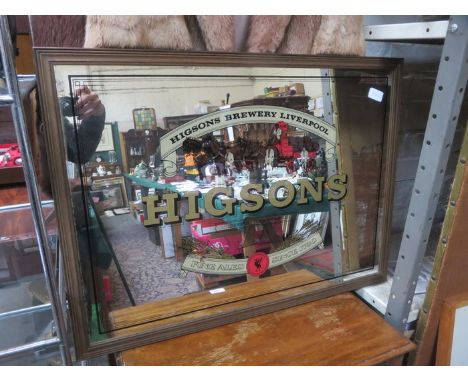 FRAMED WALL MIRROR ADVERTISING HIGSONS BREWERY LIVERPOOL, APPROXIMATELY 49cm x 69cm 