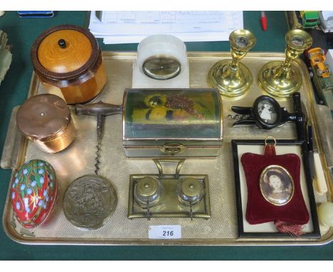 MIXED LOT OF SUNDRIES INCLUDING MANTLE CLOCK, CANDLESTICKS, INKWELL, SILHOUETTE, DOMED BOX AND CORKSCREW, ETC. 