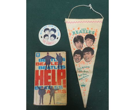 VOLUME- THE BEATLES IN HELP, ALSO VINTAGE BADGE AND PENNANT 