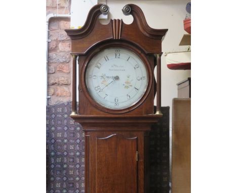 OAK CASED LONGCASE CLOCK WITH HANDPAINTED CIRCULAR ENAMELLED DIAL BY JAMES FLETCHER, ROTHERHAM