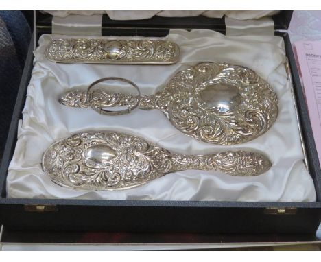 HALLMARKED SILVER FOUR PIECE DRESSING TABLE SET AND BABY BANGLE 