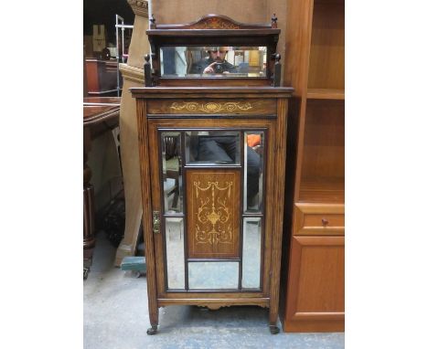 19th CENTURY ROSEWOOD INLAID AND MIRROR FRONTED SINGLE DOOR SIDE CABINET 