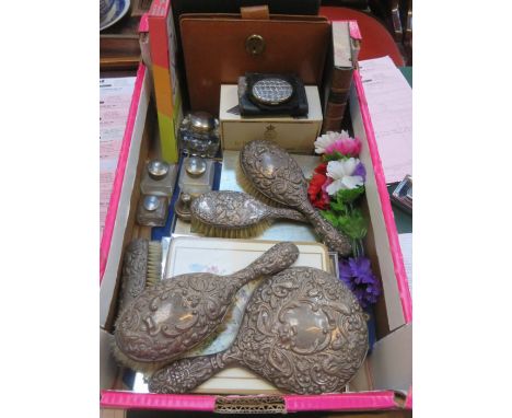 SUNDRY LOT INCLUDING SILVER DRESSING BRUSHES, MASONIC APRON, PHOTO FRAMES AND INKWELL, ETC. 