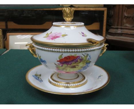 BARR FLIGHT AND BARR HANDPAINTED AND GILDED CERAMIC SOUP BOWL WITH COVER AND PLATE