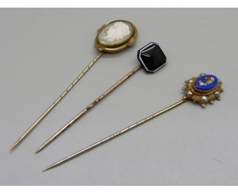 Three stick pins, bulls eye agate, millefiori and cameo 