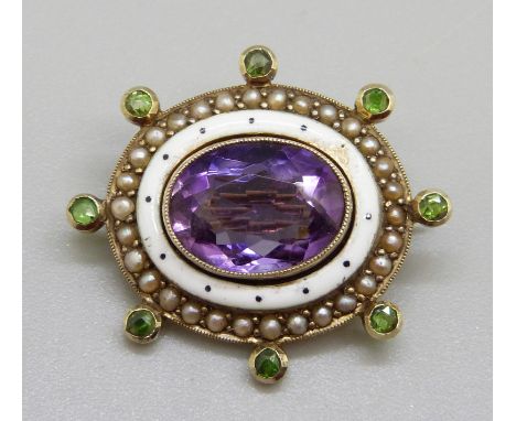 A 9ct gold suffragette brooch, enamelled and set with amethyst, seed pearl and peridot, 5.9g, small chip on enamel 